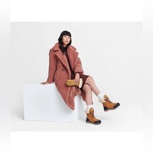 NWOT UGG Gertrude Relaxed Fit Double Breasted Long Teddy Jacket Mauve Pink Sz M